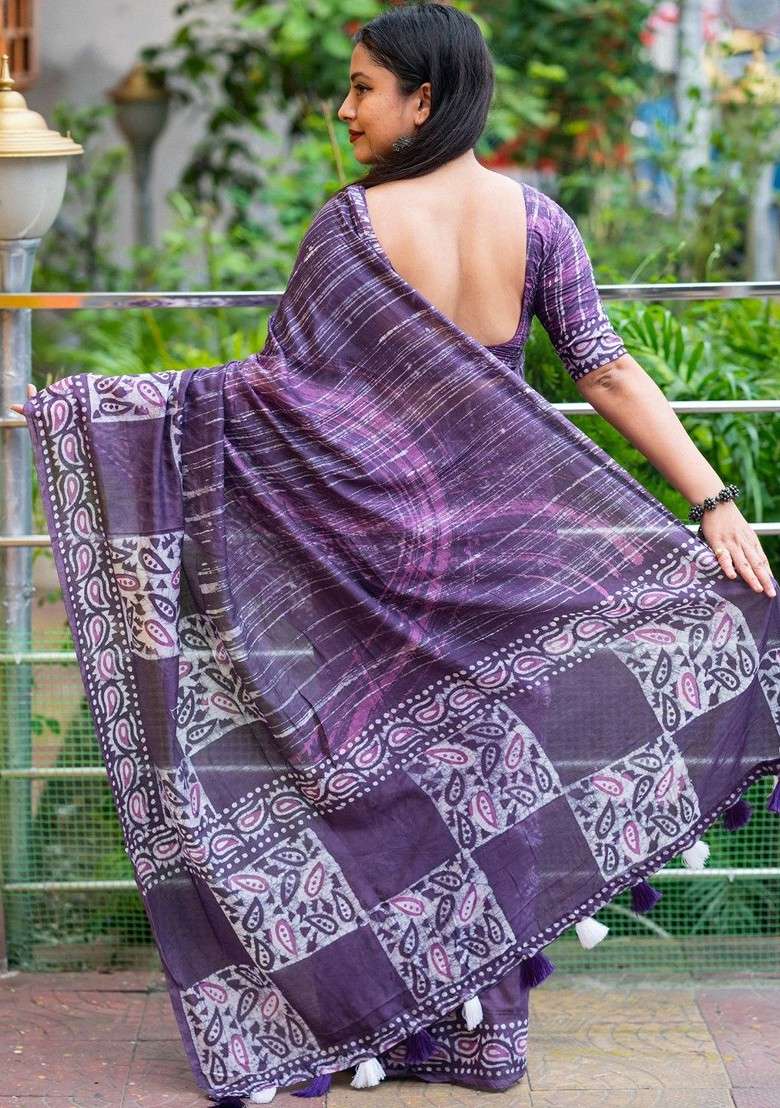Purple Bagru Blended Saree Set with Printed for Diwali | Wedding & Festive Wear - Indya