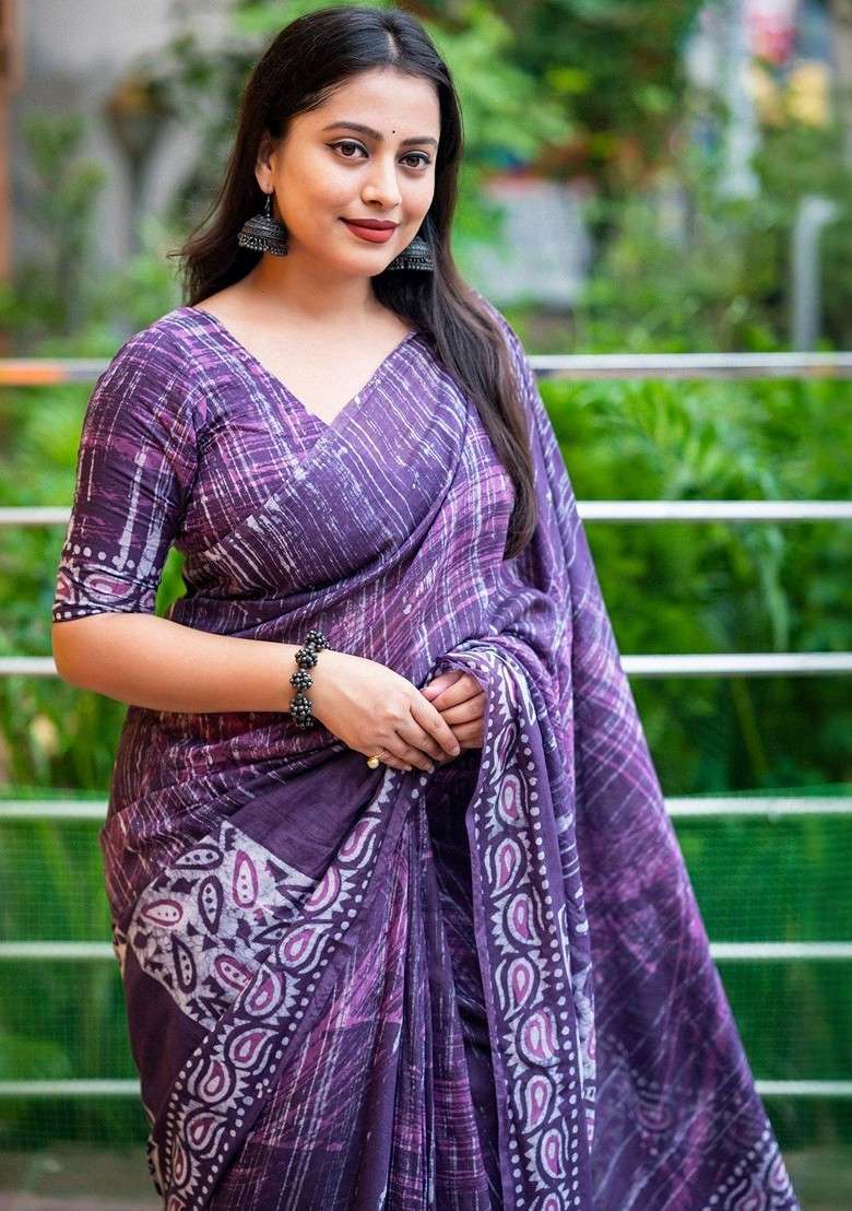 Purple Bagru Blended Saree Set with Printed for Diwali | Wedding & Festive Wear - Indya