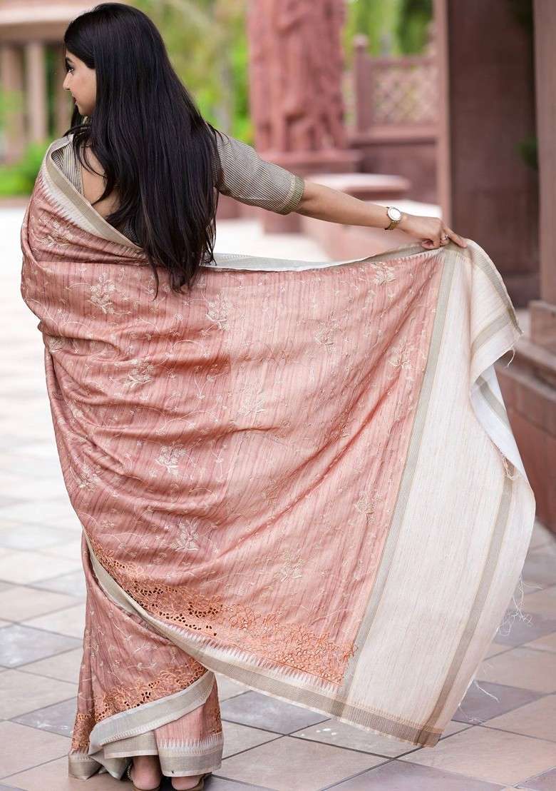 Peach Blended Saree Set with Printed for Diwali | Wedding & Festive Wear - Indya