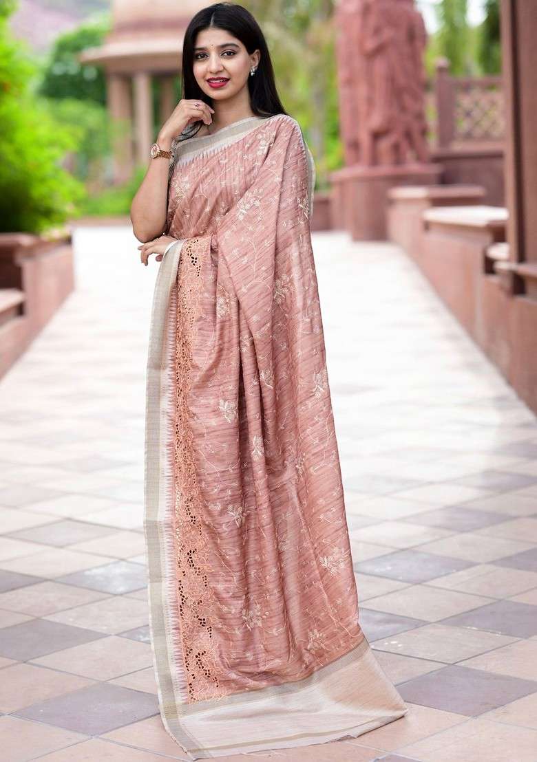 Peach Blended Saree Set with Printed for Diwali | Wedding & Festive Wear - Indya