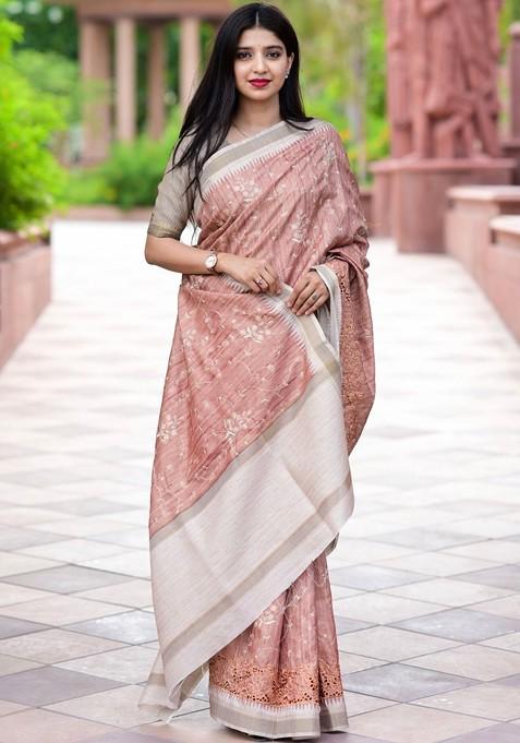 Peach Printed Blended Saree Set