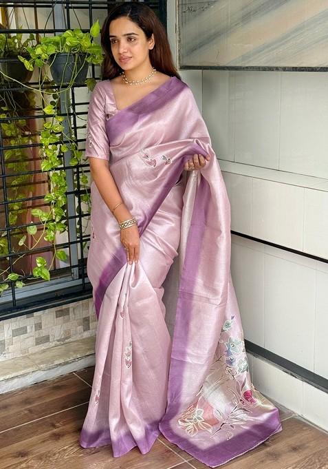 Lavender Printed Blended Saree Set
