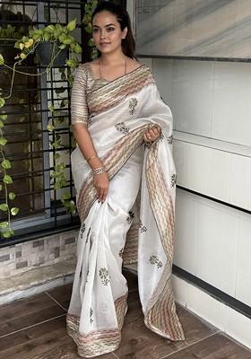 Off White Printed Blended Saree Set
