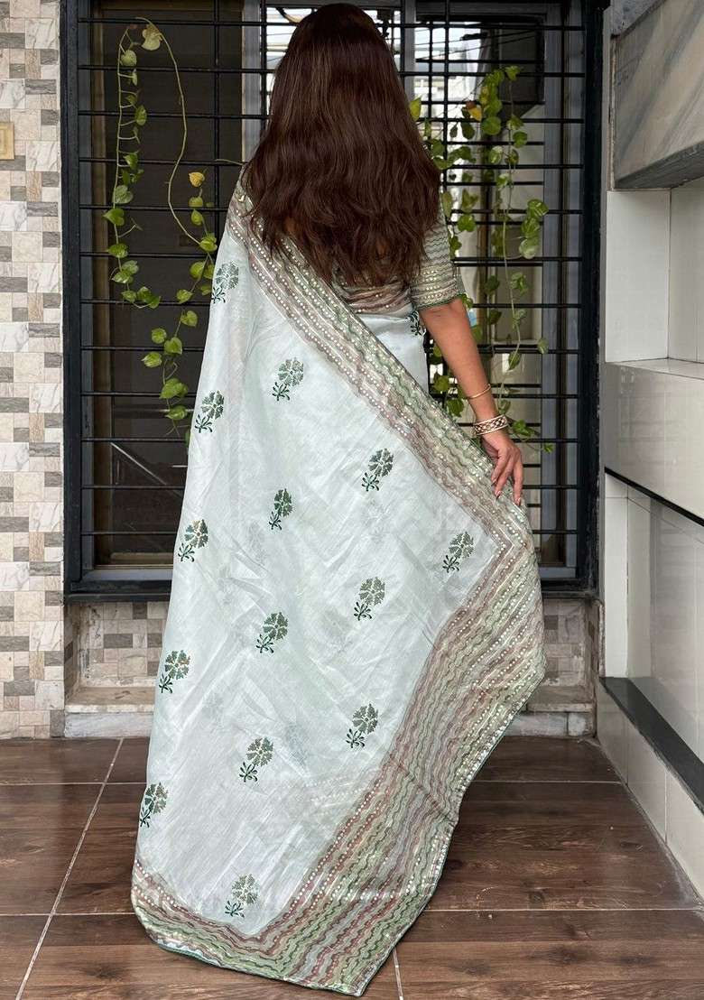 Light Green Printed Blended Saree Set for Diwali and Festive Wear - Indya