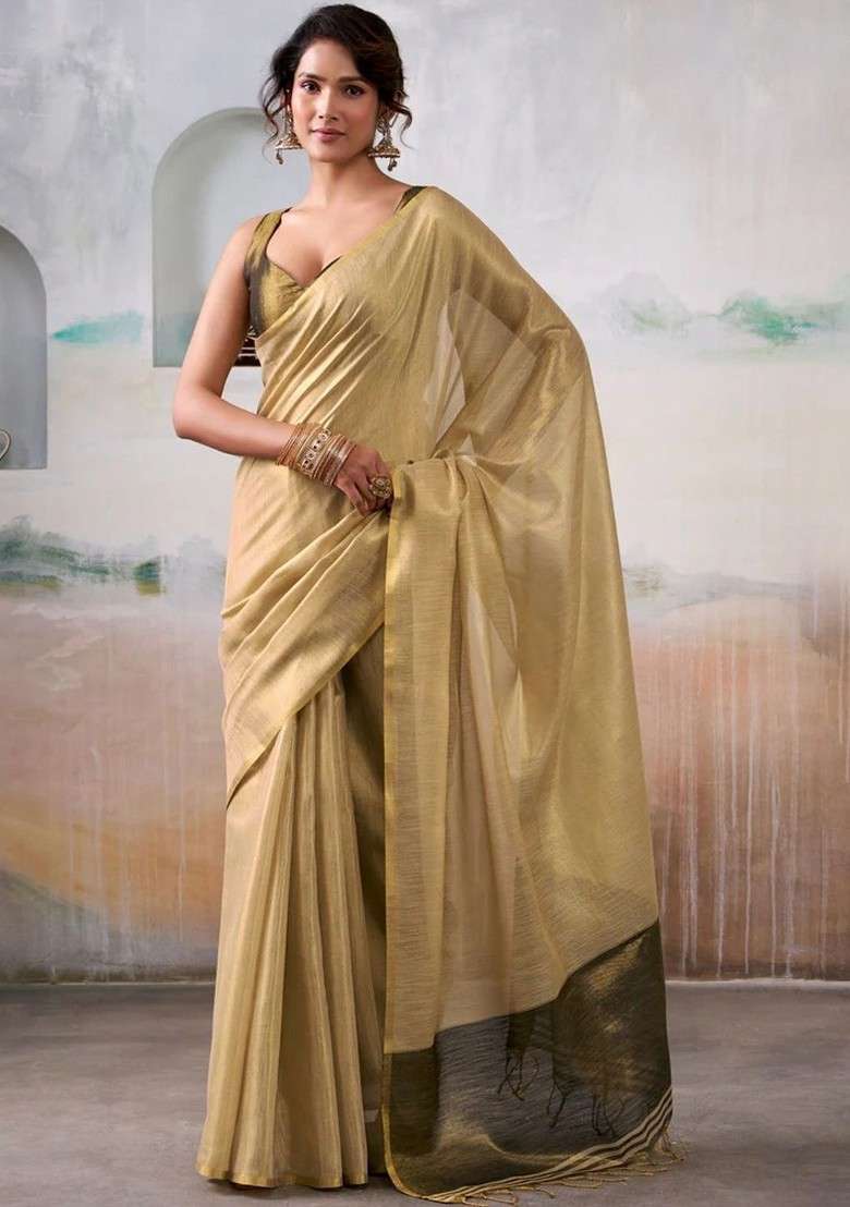 Gold Embroidered Blended Saree Set for Diwali and Festive Wear - Indya
