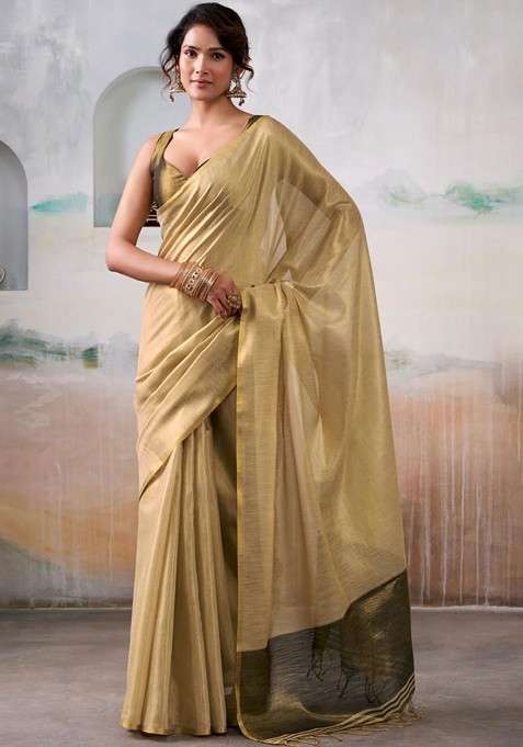 Gold Embroidered Blended Saree Set for Diwali and Festive Wear