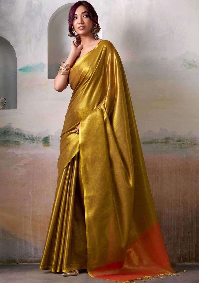 Gold Blended Saree Set with Embroidered for Diwali | Wedding & Festive Wear - Indya