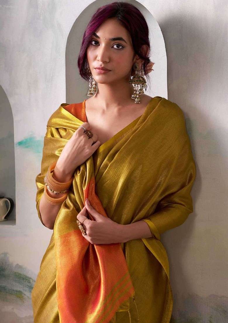 Gold Blended Saree Set with Embroidered for Diwali | Wedding & Festive Wear - Indya