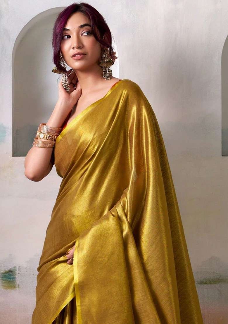 Gold Blended Saree Set with Embroidered for Diwali | Wedding & Festive Wear - Indya