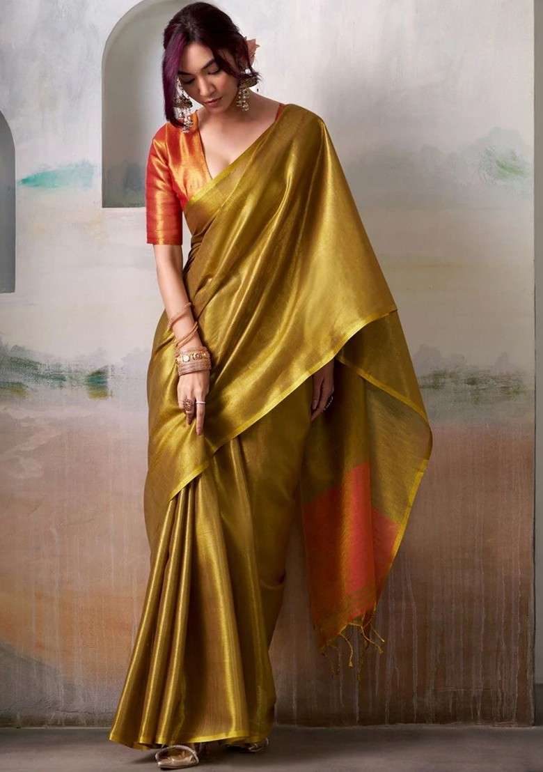 Gold Blended Saree Set with Embroidered for Diwali | Wedding & Festive Wear - Indya