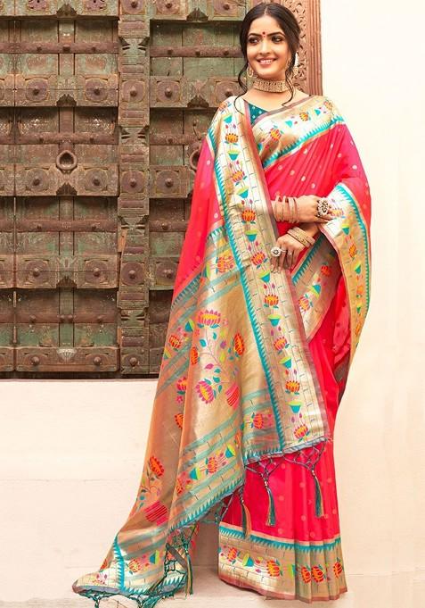 Pink Printed Blended Saree Set