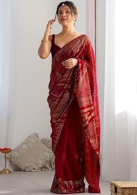Red Embroidered Blended Saree Set