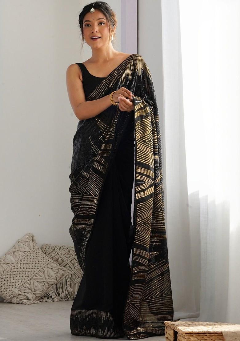 Black Embroidered Blended Saree Set - Indya