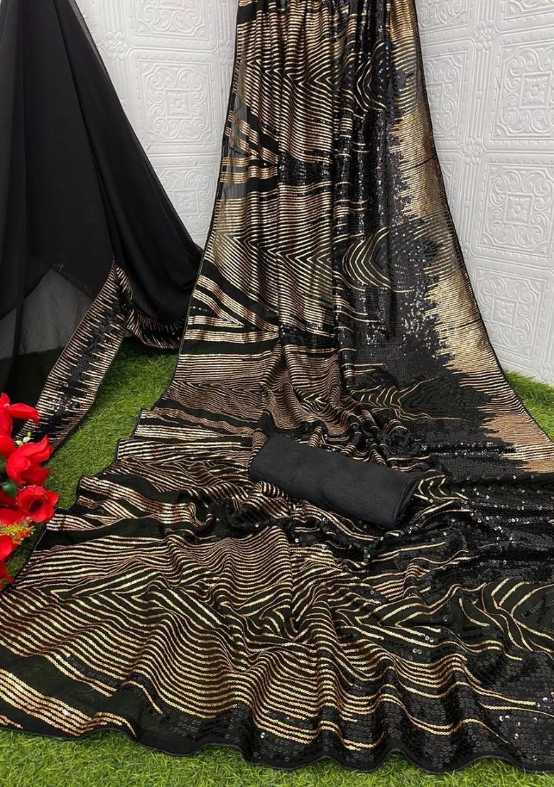 Black Embroidered Blended Saree Set - Indya