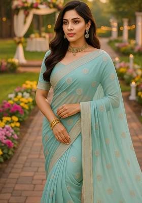 Turquoise Blue Printed Blended Saree Set