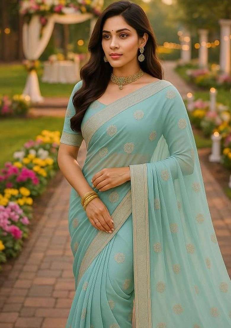 Turquoise Blue Printed Blended Saree Set - Indya