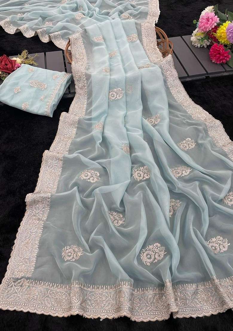 Turquoise Blue Printed Blended Saree Set - Indya