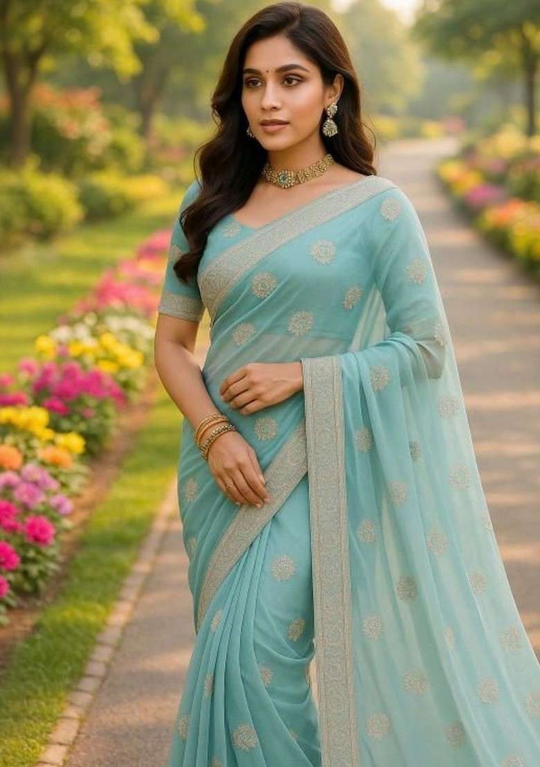 Turquoise Blue Printed Blended Saree Set - Indya