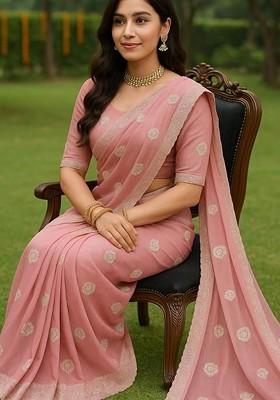 Pink Printed Blended Saree Set