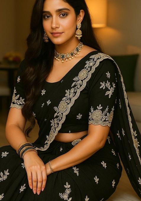 Black Printed Blended Saree Set