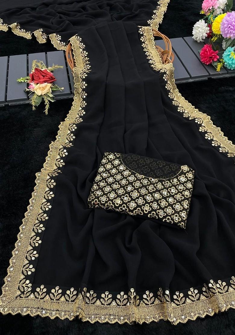 Black Embroidered Blended Saree Set - Indya