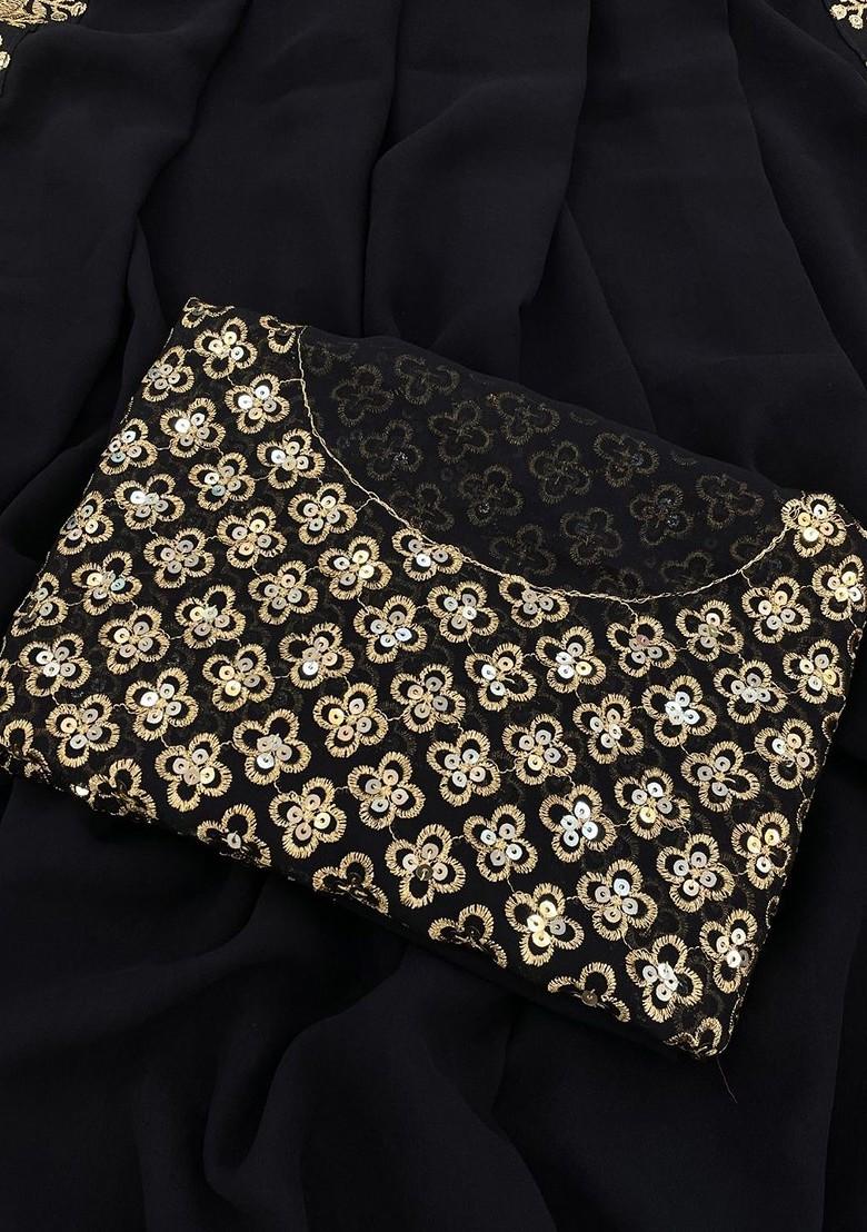 Black Embroidered Blended Saree Set - Indya