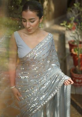 Grey Embellished Blended Saree Set