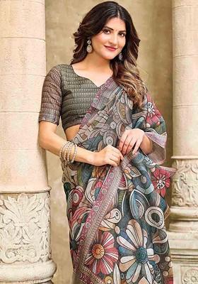 Multi Printed Blended Saree Set