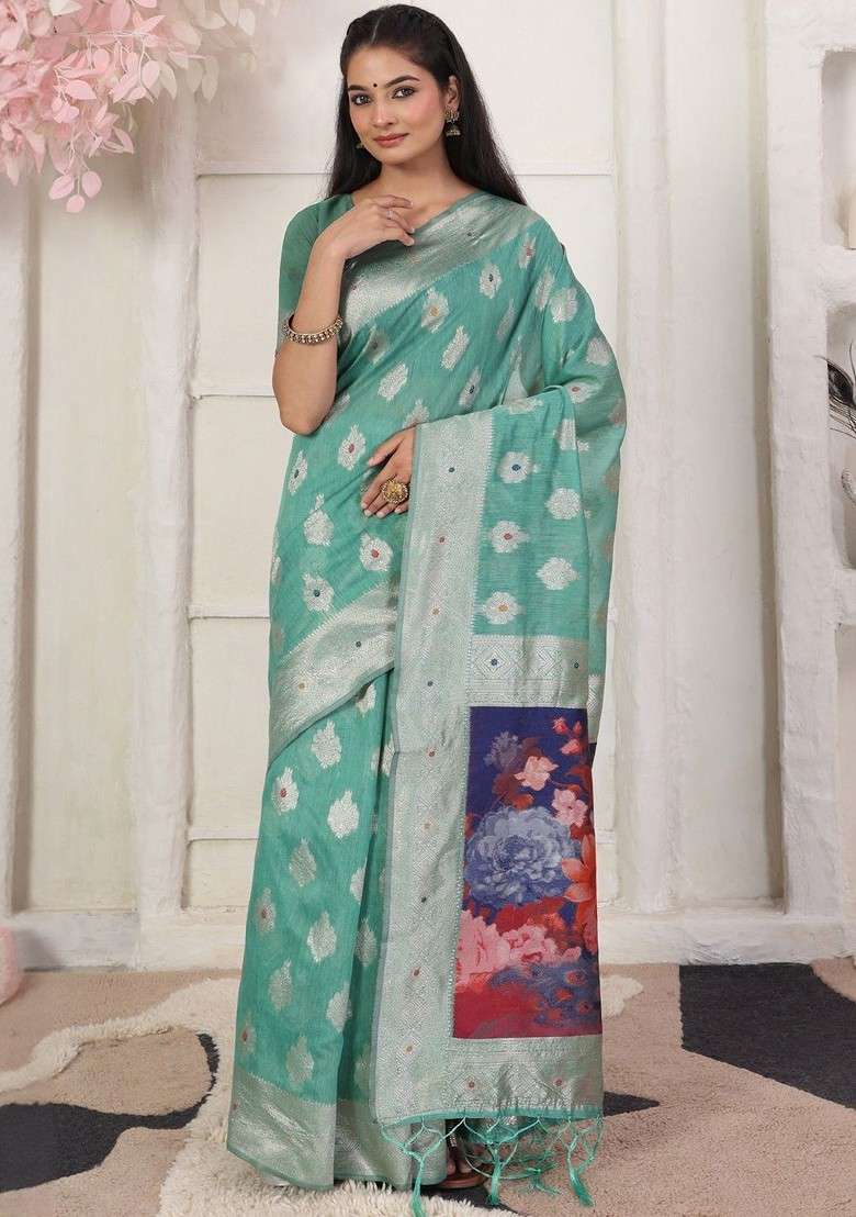 Sea Green Embroidered Blended Saree Set - Indya