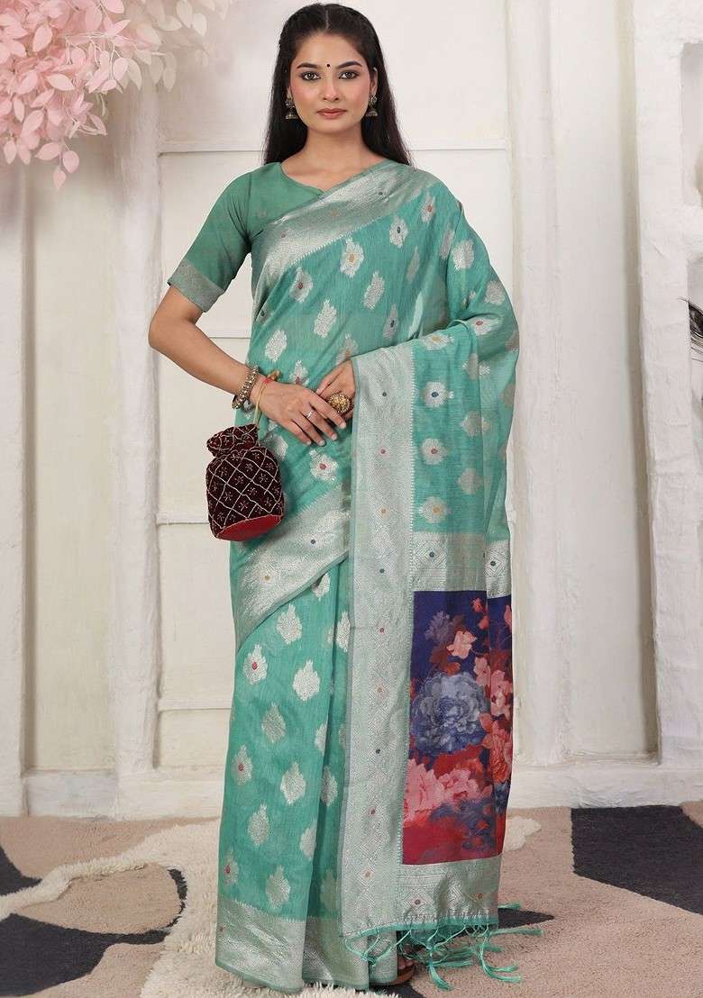 Sea Green Embroidered Blended Saree Set - Indya