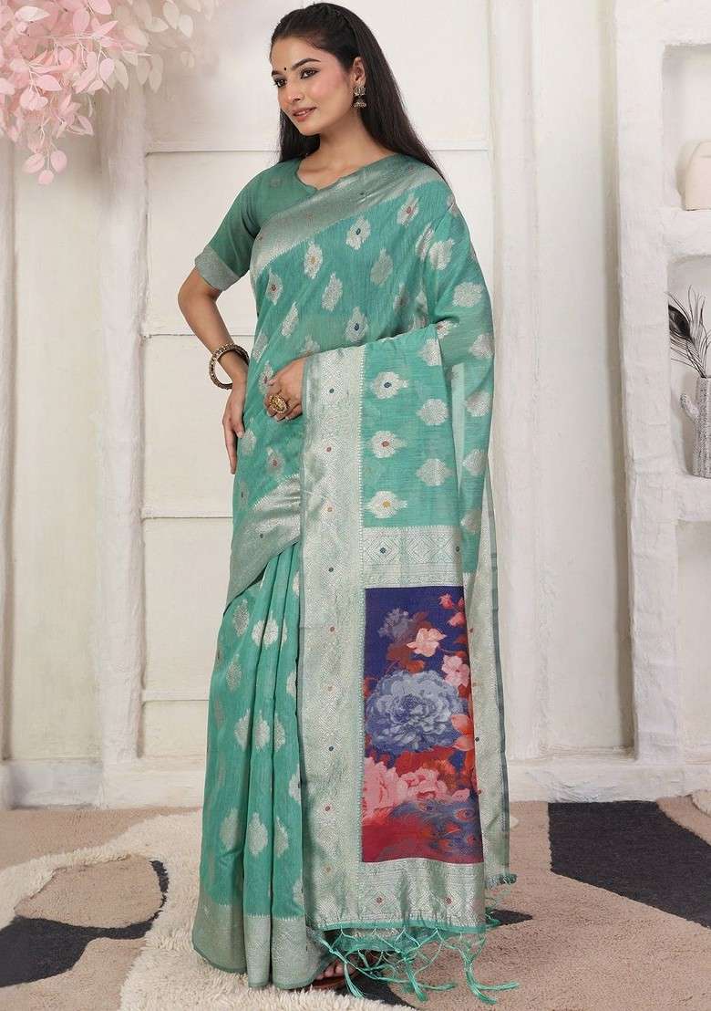 Sea Green Embroidered Blended Saree Set - Indya