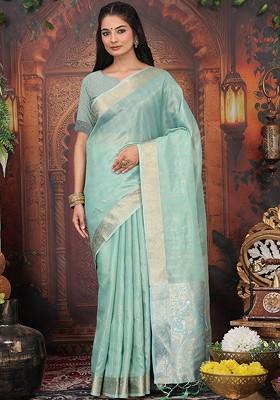 Sea Green Embroidered Blended Saree Set