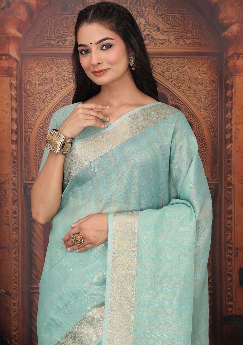 Sea Green Embroidered Blended Saree Set - Indya