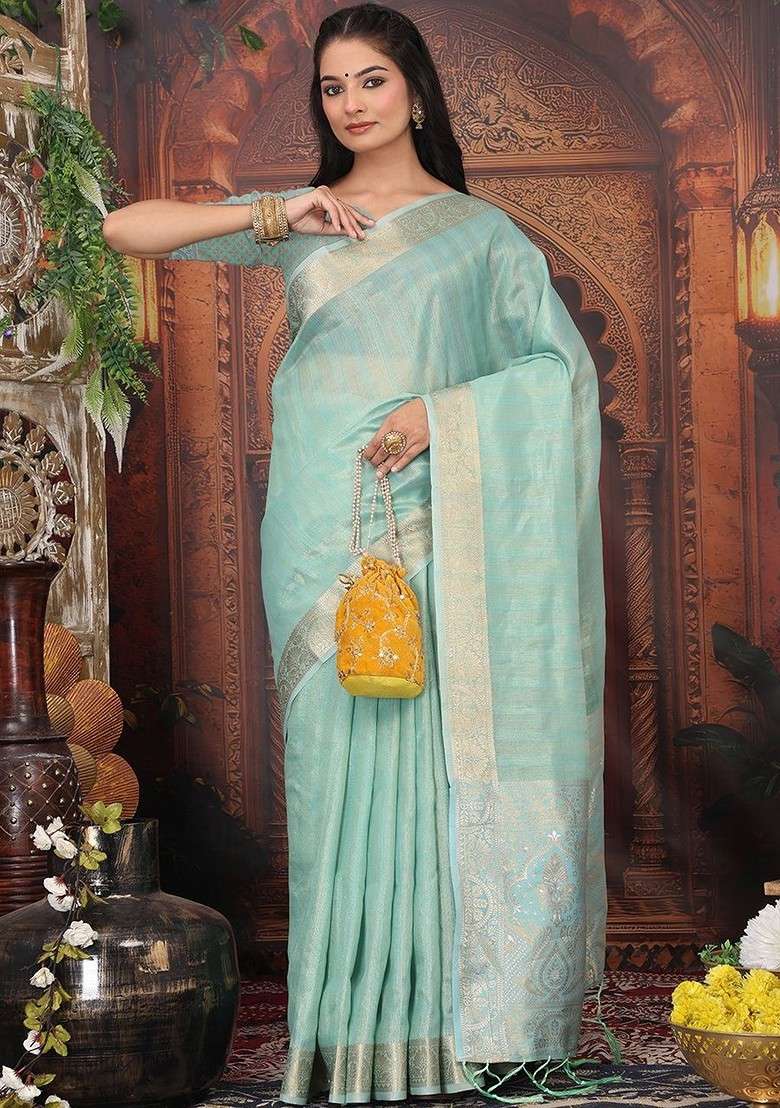 Sea Green Embroidered Blended Saree Set - Indya