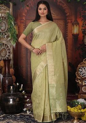 Lime Green Embroidered Blended Saree Set