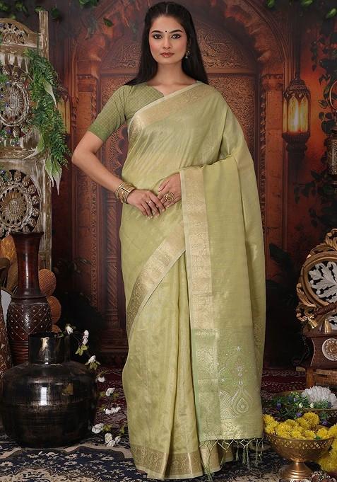 Lime Green Embroidered Blended Saree Set