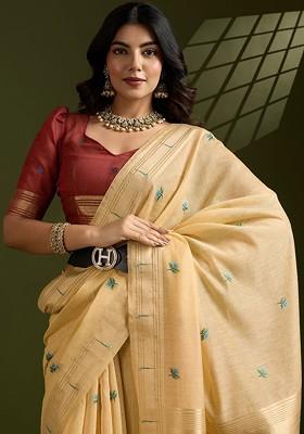 Cream Printed Blended Saree Set