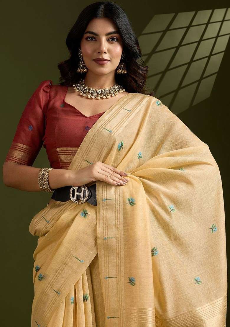 Cream Printed Blended Saree Set for Diwali and Festive Wear - Indya