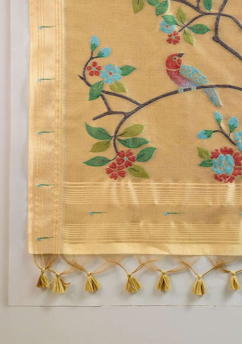 Cream Printed Blended Saree Set for Diwali and Festive Wear - Indya