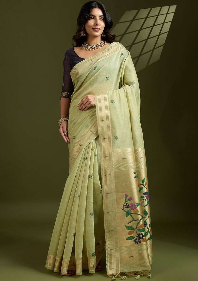 Lime Green Blended Saree Set with Printed for Diwali | Wedding & Festive Wear - Indya