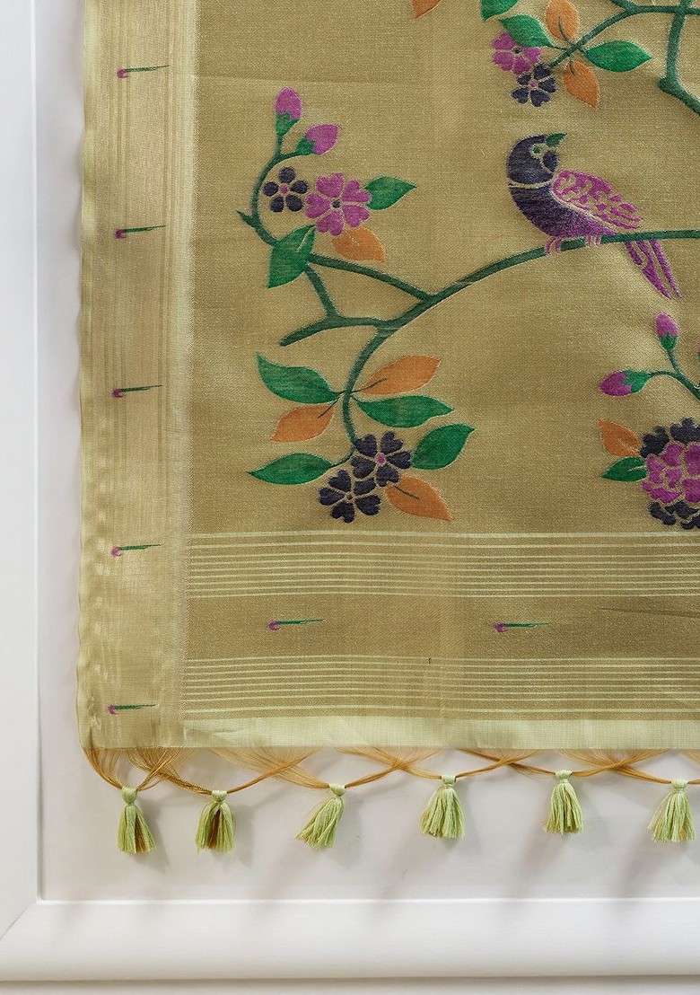 Lime Green Blended Saree Set with Printed for Diwali | Wedding & Festive Wear - Indya