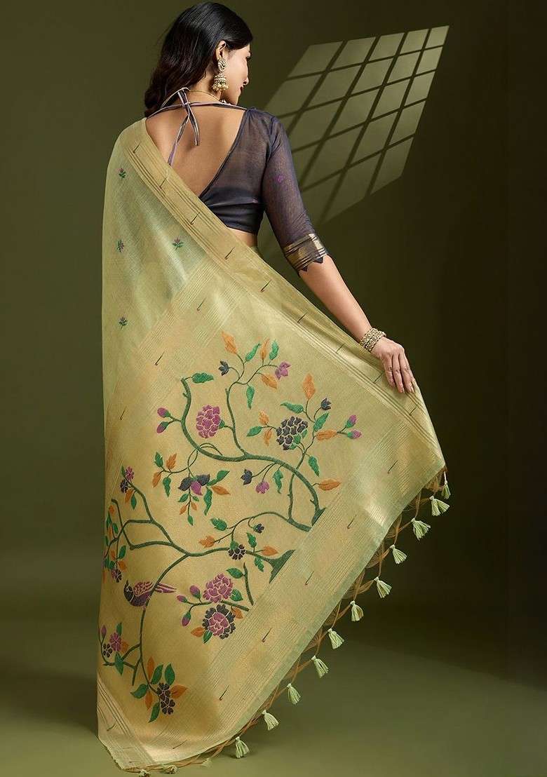Lime Green Blended Saree Set with Printed for Diwali | Wedding & Festive Wear - Indya