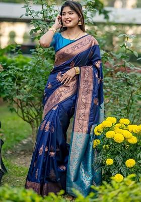 Navy Blue Jacquard Blended Saree Set