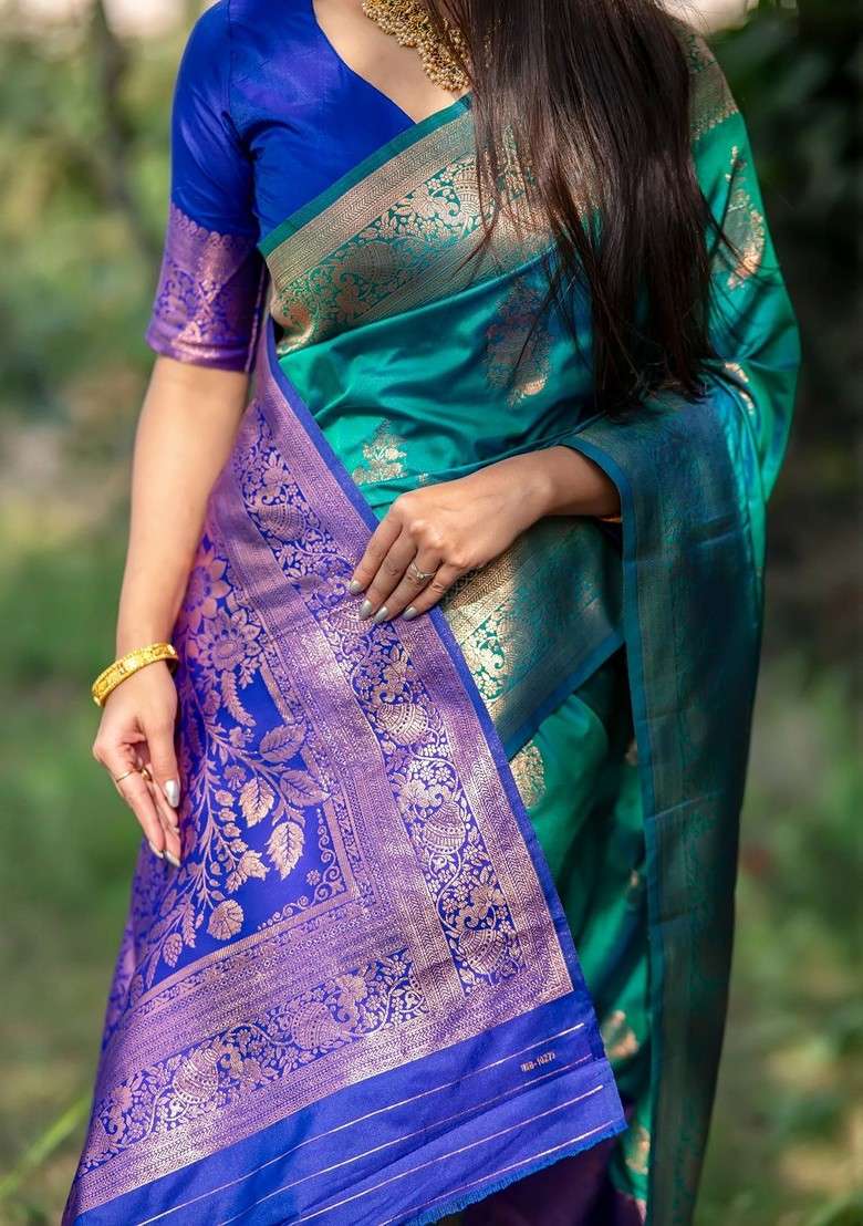 Multi Embroidered Blended Saree Set for Diwali and Festive Wear - Indya