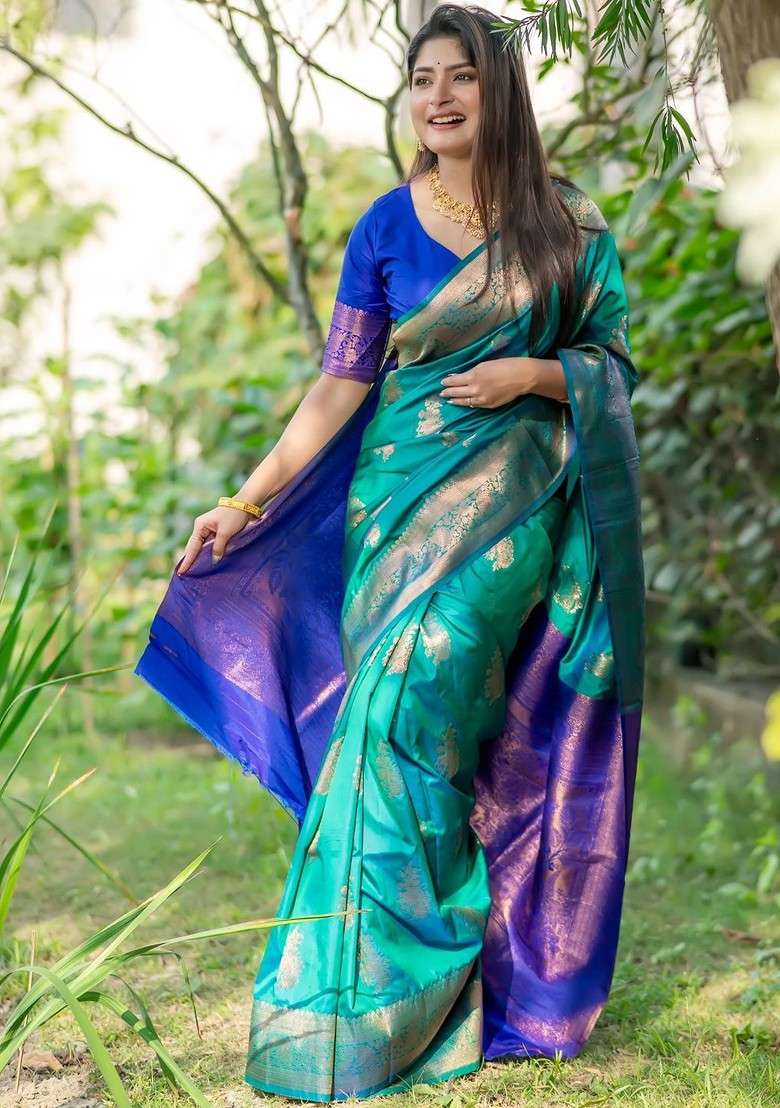 Multi Embroidered Blended Saree Set for Diwali and Festive Wear - Indya