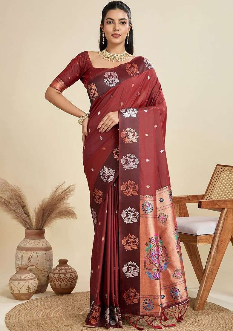 Maroon Blended Saree Set with Printed for Diwali | Wedding & Festive Wear - Indya