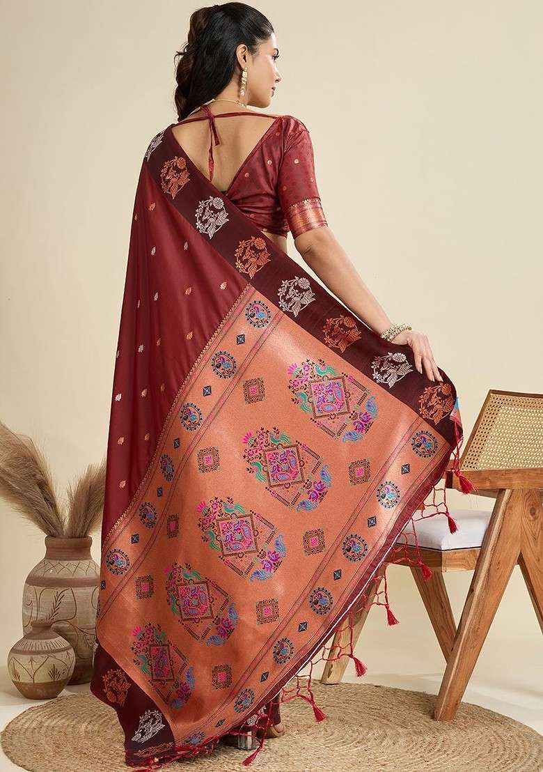 Maroon Blended Saree Set with Printed for Diwali | Wedding & Festive Wear - Indya