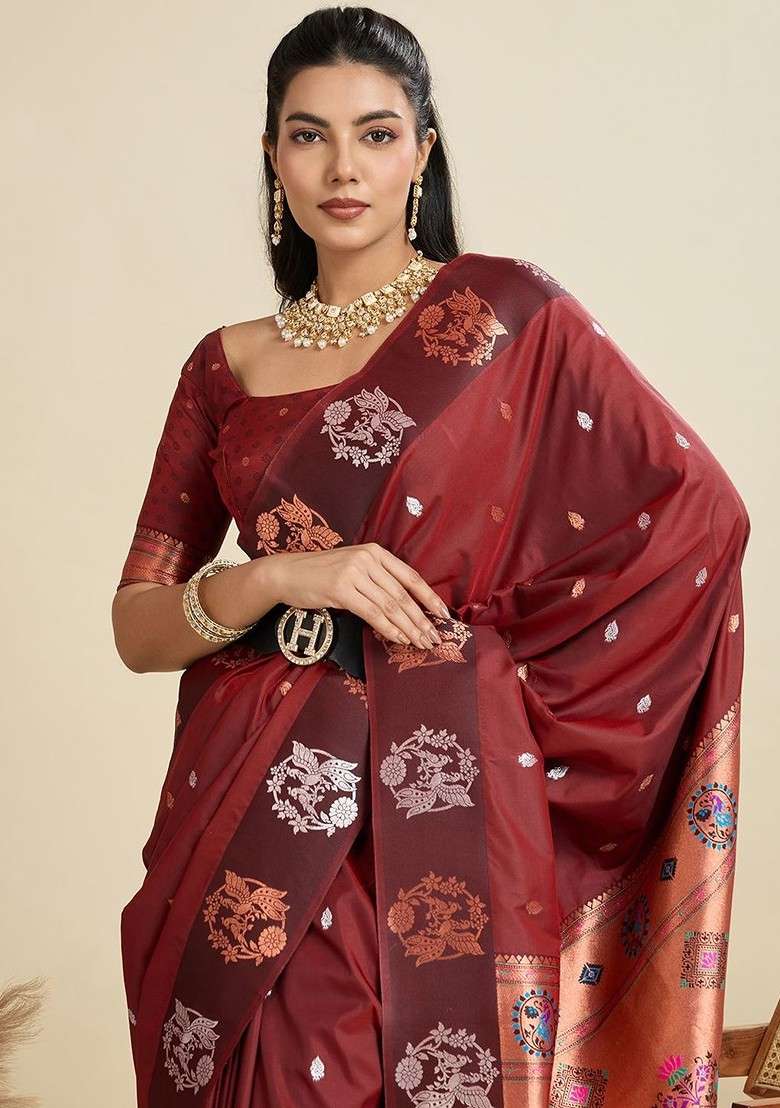 Maroon Blended Saree Set with Printed for Diwali | Wedding & Festive Wear - Indya