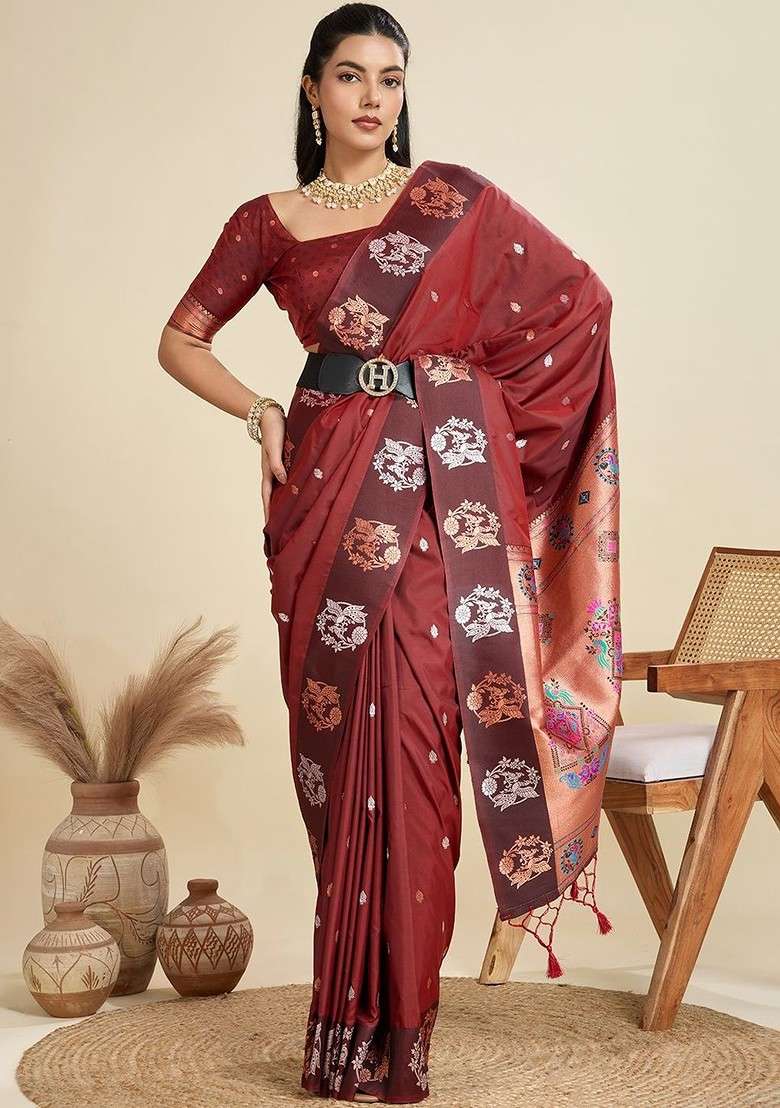Maroon Blended Saree Set with Printed for Diwali | Wedding & Festive Wear - Indya