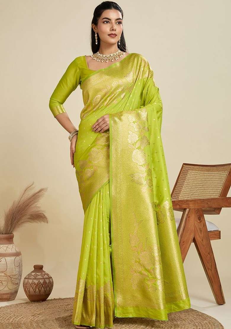 Lime Green Printed Blended Saree Set for Diwali and Festive Wear - Indya